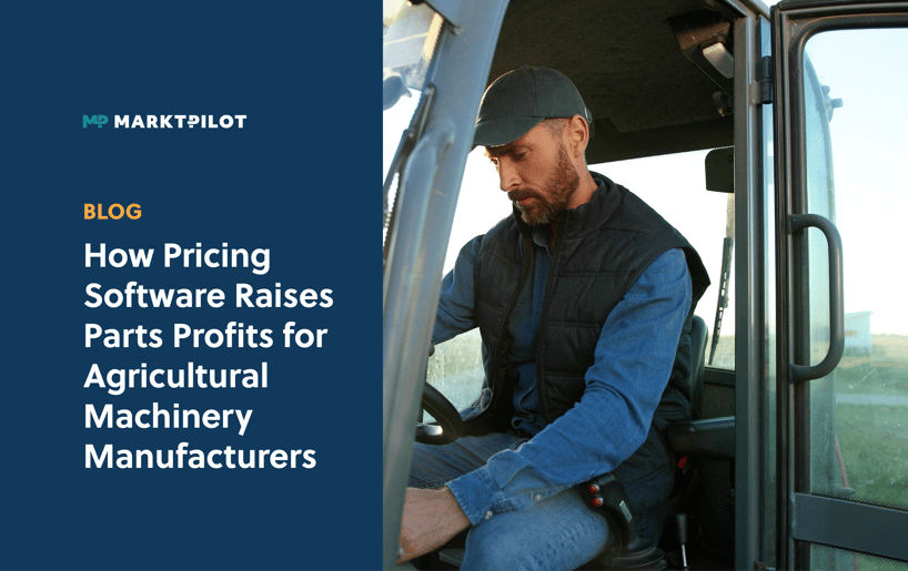 Man sits in the tractor and tries to start it. Next to it is the title of the article on pricing software for agricultural machinery manufacturers