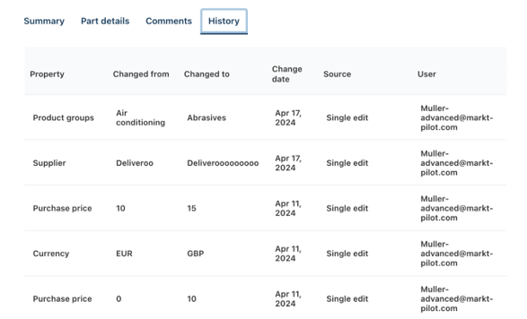 New feature: parts history for priceradar enhances tracability